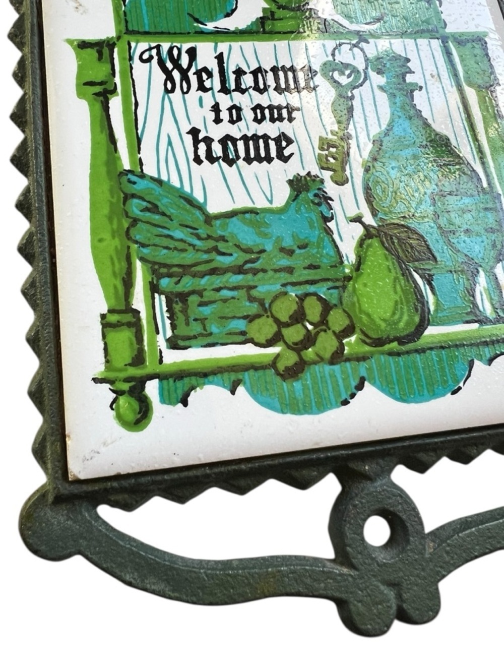 Vintage Ceramic Tile Cast Iron Trivet Retro Wall Decor Kitchen MCM Cottagecore - Picture 2 of 7